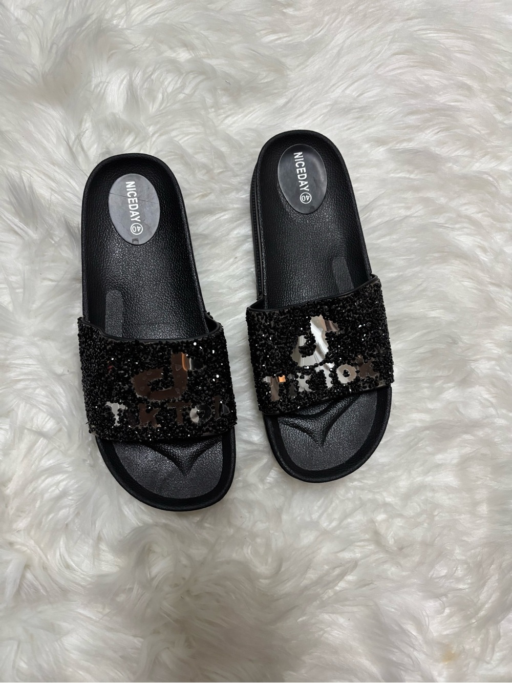 Women's Black Sequin Slide Sandals